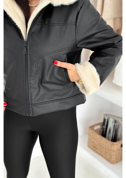 Kadın Yakalı Tamamen Deri Peluş Ceket – Astarlı & Soğuk Hava Dostu indirimleri