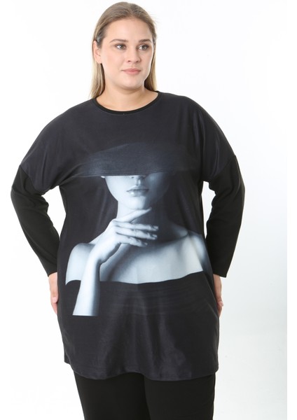 Yünlü Viskon Desenli Likralı Kadın Büyük Beden Tunik