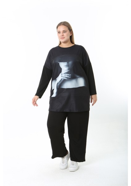 Yünlü Viskon Desenli Likralı Kadın Büyük Beden Tunik