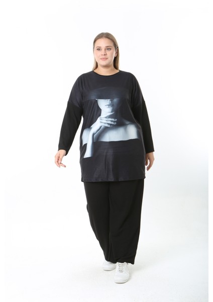 Yünlü Viskon Desenli Likralı Kadın Büyük Beden Tunik