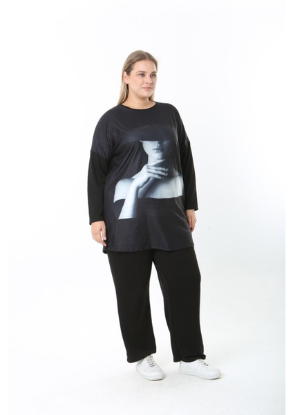 Yünlü Viskon Desenli Likralı Kadın Büyük Beden Tunik