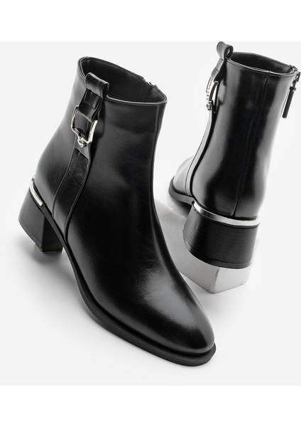 Kadın Kalın Topuk Tokalı Metal Ökçe Topuklu Bot Dimon Siyah