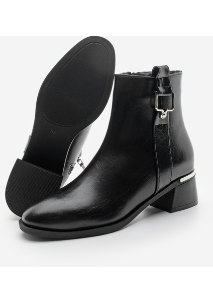 Kadın Kalın Topuk Tokalı Metal Ökçe Topuklu Bot Dimon Siyah