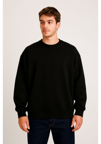 Siyah Üç Iplik Şardonlu Bisiklet Yaka Oversize Erkek Sweetshirt