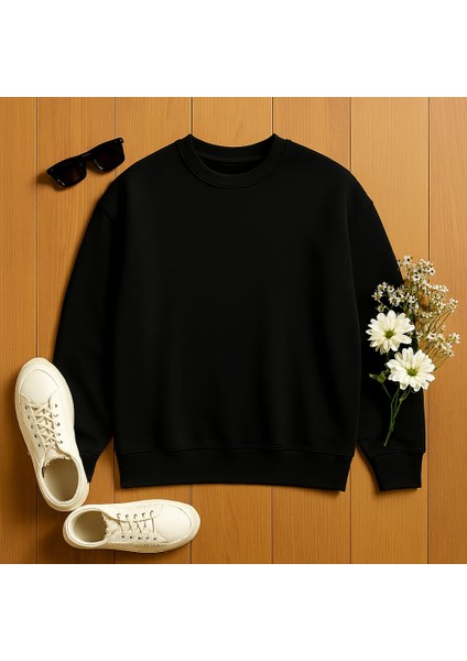 Siyah Üç Iplik Şardonlu Bisiklet Yaka Oversize Erkek Sweetshirt fiyatları