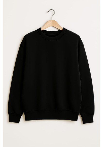 Siyah Üç Iplik Şardonlu Bisiklet Yaka Oversize Erkek Sweetshirt modelleri