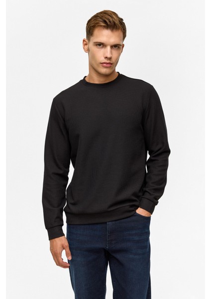 Siyah Regular Düz Bisiklet Yaka Sweatshirt