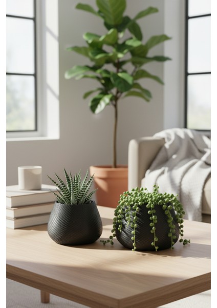 2’li Modern Saksı Seti, Dekoratif Saksı, Minimalist Saksı, Kırmızı, 12CM