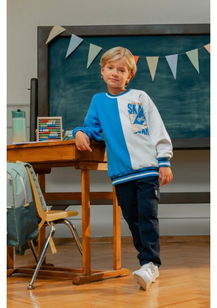 Erkek Çocuk Kaykay Baskılı Renk Bloklu Sweatshirt