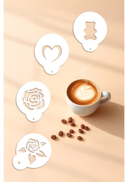 Kahve Şablonu, Kahve Süsleme Seti, Tatlı Süsleme Seti, 4'lü Set
