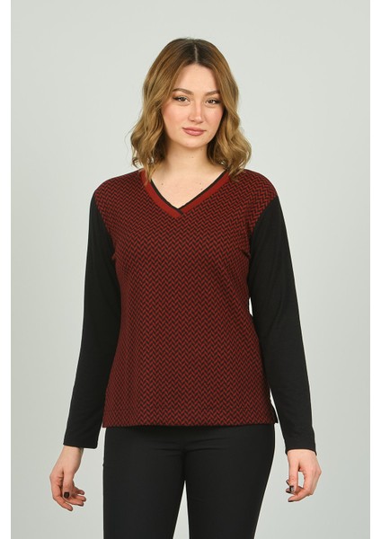Kadın V Yaka Desenli Uzun Kol Bluz 23620 Bordo