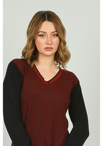 Kadın V Yaka Desenli Uzun Kol Bluz 23620 Bordo fiyatları