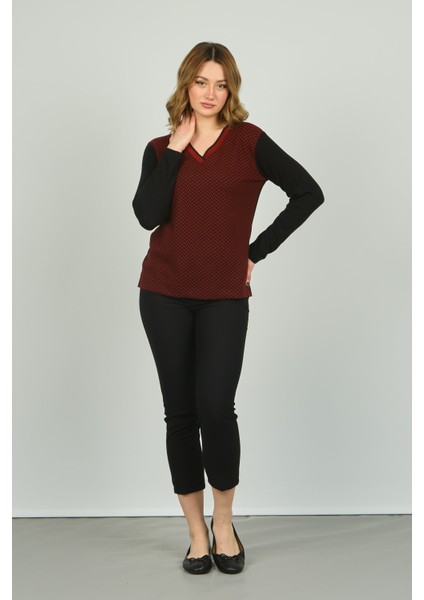 Kadın V Yaka Desenli Uzun Kol Bluz 23620 Bordo modelleri