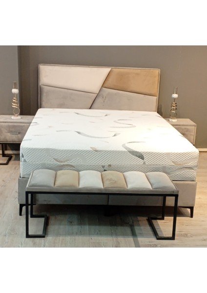 Çift Kişilik Yatak Pedi 22 cm Yüksek Fermuarlı Beyaz Desenli Örme Kumaş Yaysız Konfor