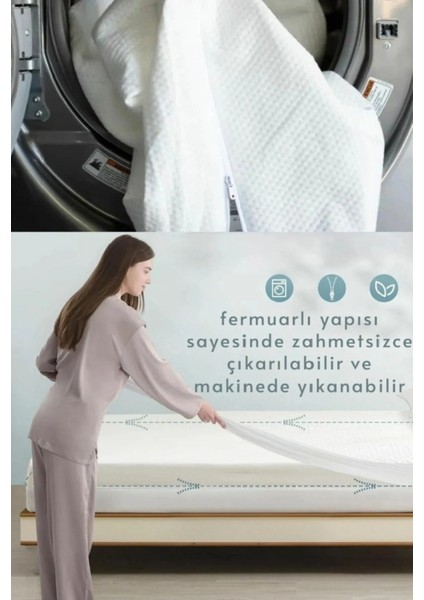Çift Kişilik Yatak Pedi 22 cm Yüksek Fermuarlı Beyaz Desenli Örme Kumaş Yaysız Konfor