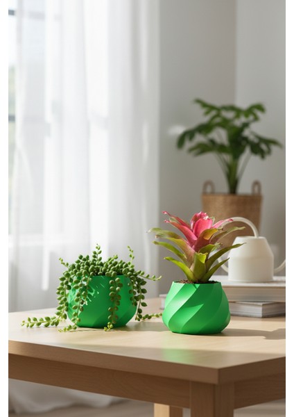 2’li Modern Saksı Seti, Dekoratif Saksı, Minimalist Saksı, Yeşil, 12CM