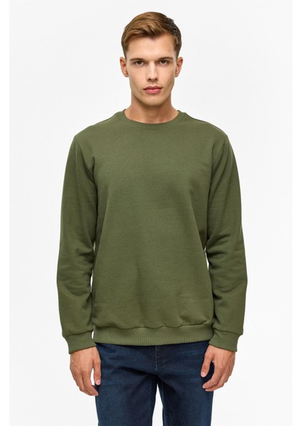 Haki Regular Düz Bisiklet Yaka Sweatshirt