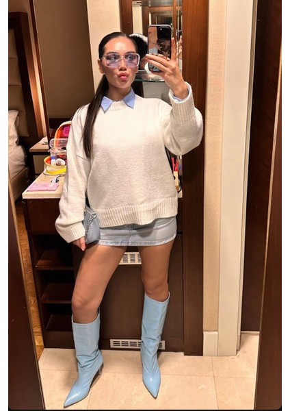 Beyaz Bisiklet Yaka Oversize Triko Kazak MG1972 modelleri