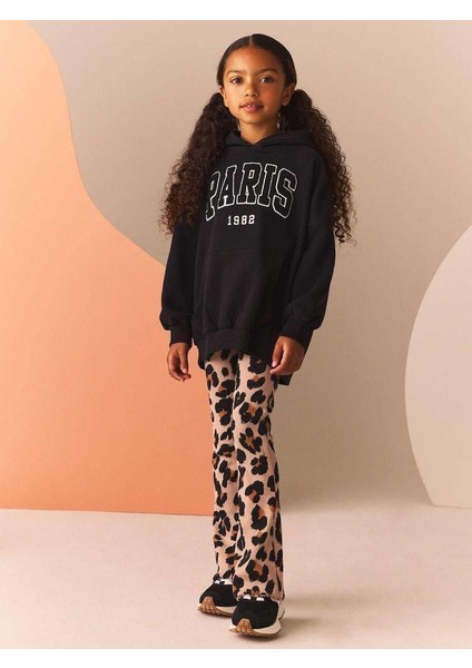Kız Çocuk Pamuklu Siyah Kapüşonlu Sweatshirt Leopar Desenli Pantolon Takım