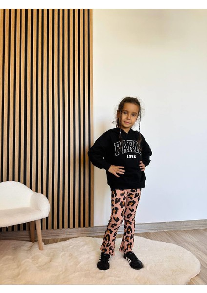 Kız Çocuk Pamuklu Siyah Kapüşonlu Sweatshirt Leopar Desenli Pantolon Takım fiyatları