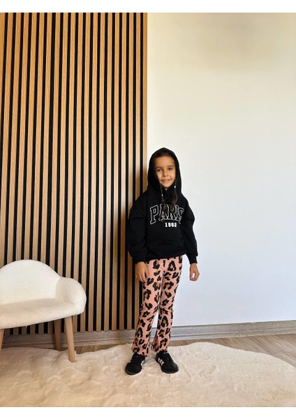Kız Çocuk Pamuklu Siyah Kapüşonlu Sweatshirt Leopar Desenli Pantolon Takım modelleri