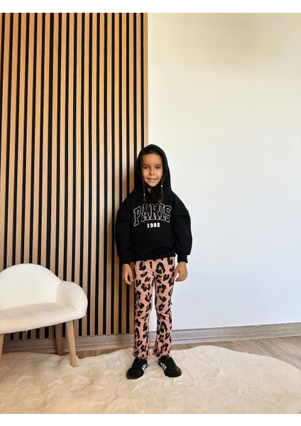 Kız Çocuk Pamuklu Siyah Kapüşonlu Sweatshirt Leopar Desenli Pantolon Takım fırsatları