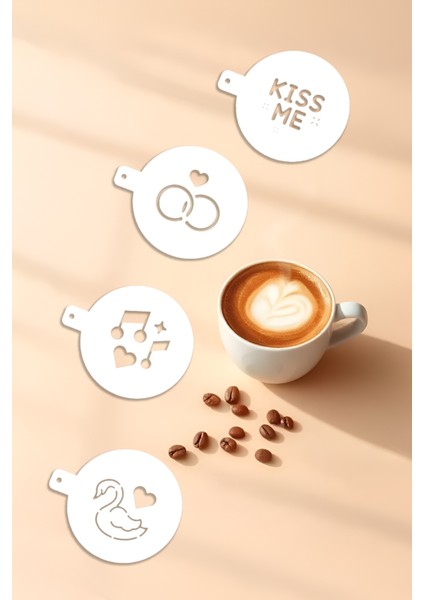 Kahve Şablonu, Kahve Süsleme Seti, Tatlı Süsleme Seti, 4'lü Set