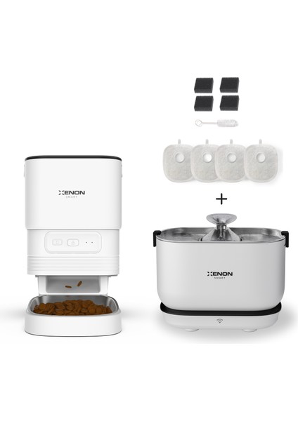 Akıllı Çelik Hazneli Mama Kabı Akıllı Otomatik Şarj Edilebilir Bataryalı Su Pınarı ve Yedek Filtre 3'lü Pet Seti