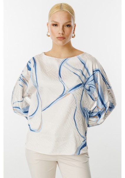 Kadın Desenli Kayık Yaka Bluz 3060 Mavi