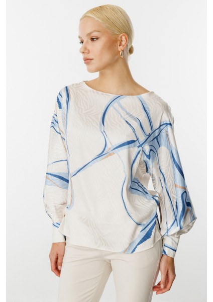 Kadın Desenli Kayık Yaka Bluz 3060 Mavi fiyatları