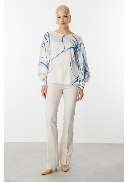 Kadın Desenli Kayık Yaka Bluz 3060 Mavi modelleri