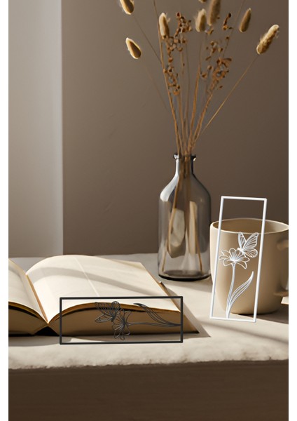 Çiçek ve Kelebek Kitap Ayracı, Modern Tasarım, Hafif ve Şık 2’li, Siyah ve Beyazın Modern Uyumu