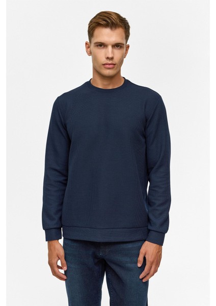 Lacivert Regular Düz Bisiklet Yaka Sweatshirt