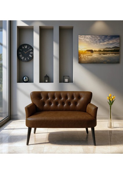 - Roma Ikili Koltuk Kanepe - Deri Kumaş - Gürgen Iskelet - Acı Kahve