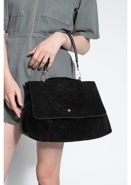 Kadın Hakiki Deri Fermuarlı Çıkabilen İç Cepli El ve Omuz Çantası Ornis Siyah Süet fırsatları