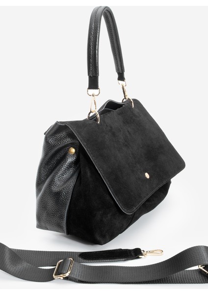 Kadın Hakiki Deri Fermuarlı Çıkabilen İç Cepli El ve Omuz Çantası Ornis Siyah Süet modelleri