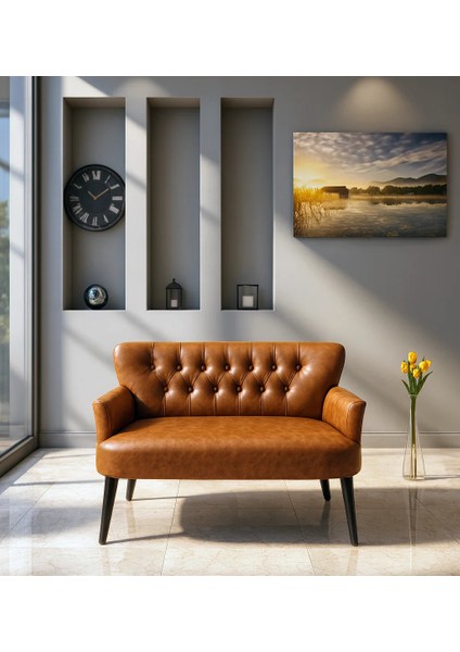 - Roma Ikili Koltuk Kanepe - Deri Kumaş - Gürgen Iskelet - Taba