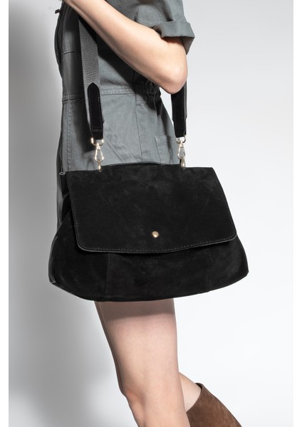 Kadın Hakiki Deri Fermuarlı Çıkabilen İç Cepli El ve Omuz Çantası Ornis Siyah Süet