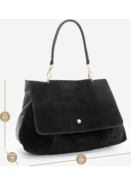 Kadın Hakiki Deri Fermuarlı Çıkabilen İç Cepli El ve Omuz Çantası Ornis Siyah Süet