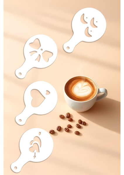 Kahve Şablonu, Kahve Süsleme Seti, Tatlı Süsleme Seti, 4'lü Set