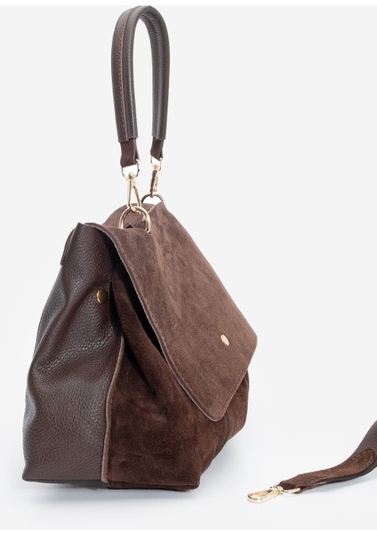Kadın Hakiki Deri Fermuarlı Çıkabilen İç Cepli El ve Omuz Çantası Ornis Kahve Süet modelleri
