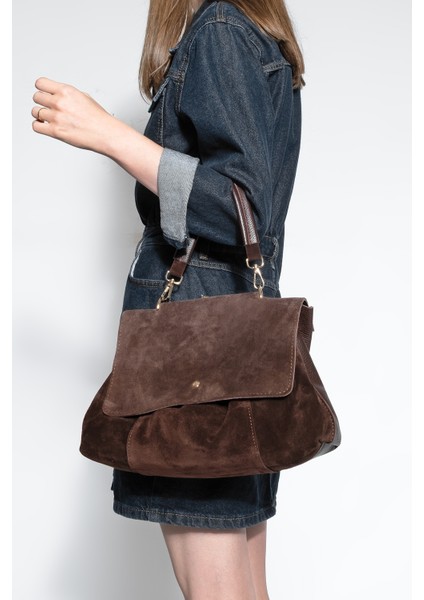 Kadın Hakiki Deri Fermuarlı Çıkabilen İç Cepli El ve Omuz Çantası Ornis Kahve Süet