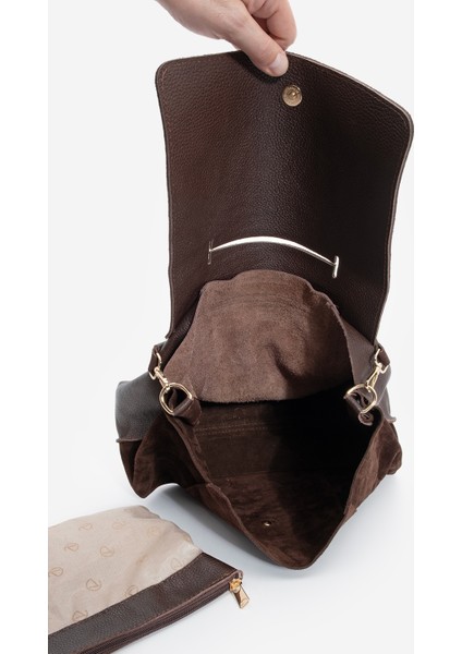 Kadın Hakiki Deri Fermuarlı Çıkabilen İç Cepli El ve Omuz Çantası Ornis Kahve Süet