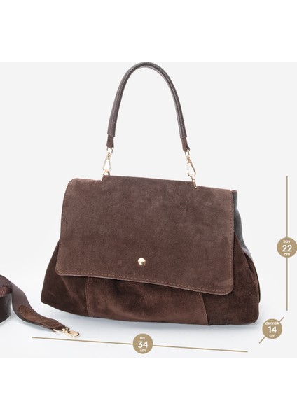 Kadın Hakiki Deri Fermuarlı Çıkabilen İç Cepli El ve Omuz Çantası Ornis Kahve Süet