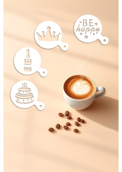 Kahve Şablonu, Kahve Süsleme Seti, Tatlı Süsleme Seti, 4'lü Set