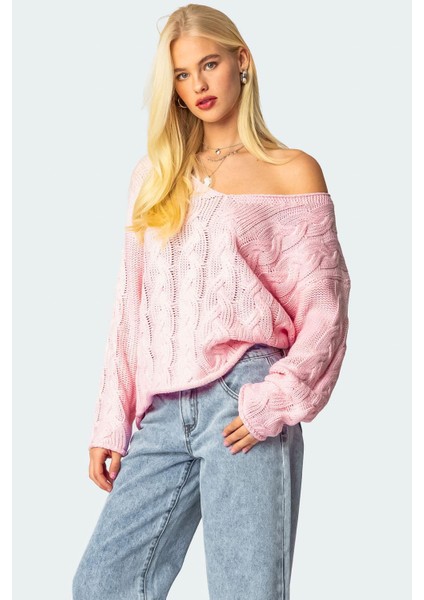 Pembe V Yaka Örgü Desen Oversize Kadın Kazak MG2519