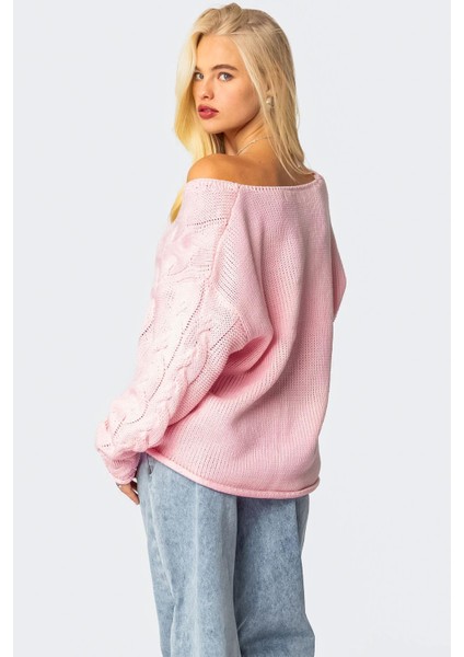 Pembe V Yaka Örgü Desen Oversize Kadın Kazak MG2519 fırsatları