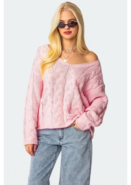 Pembe V Yaka Örgü Desen Oversize Kadın Kazak MG2519 indirimleri