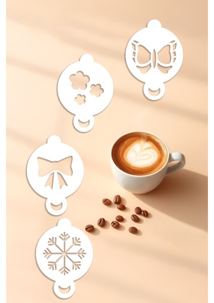 Kahve Şablonu, Kahve Süsleme Seti, Tatlı Süsleme Seti, 4'lü Set