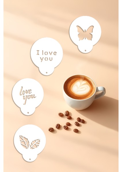 Kahve Şablonu, Kahve Süsleme Seti, Tatlı Süsleme Seti, 4'lü Set